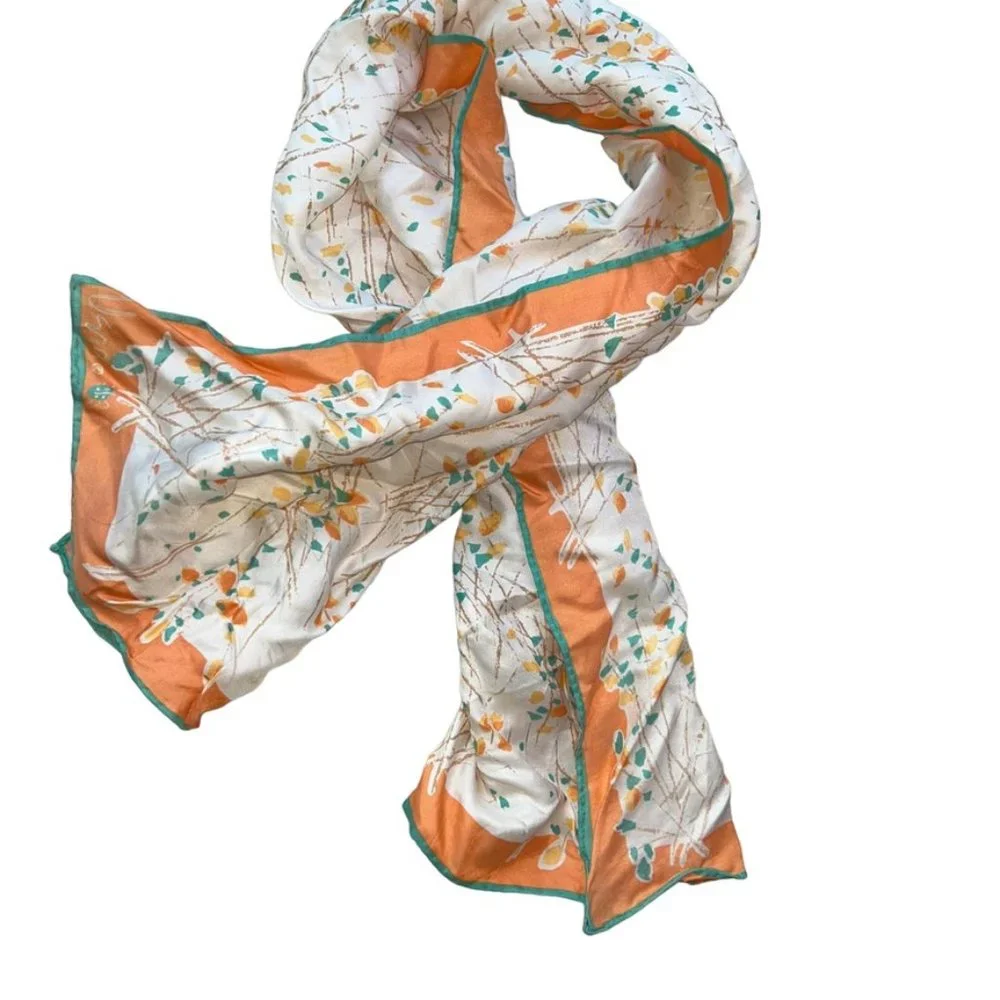 vera vintage FLOWER silk orange turquoise hand rolled sewn rectangle sca…